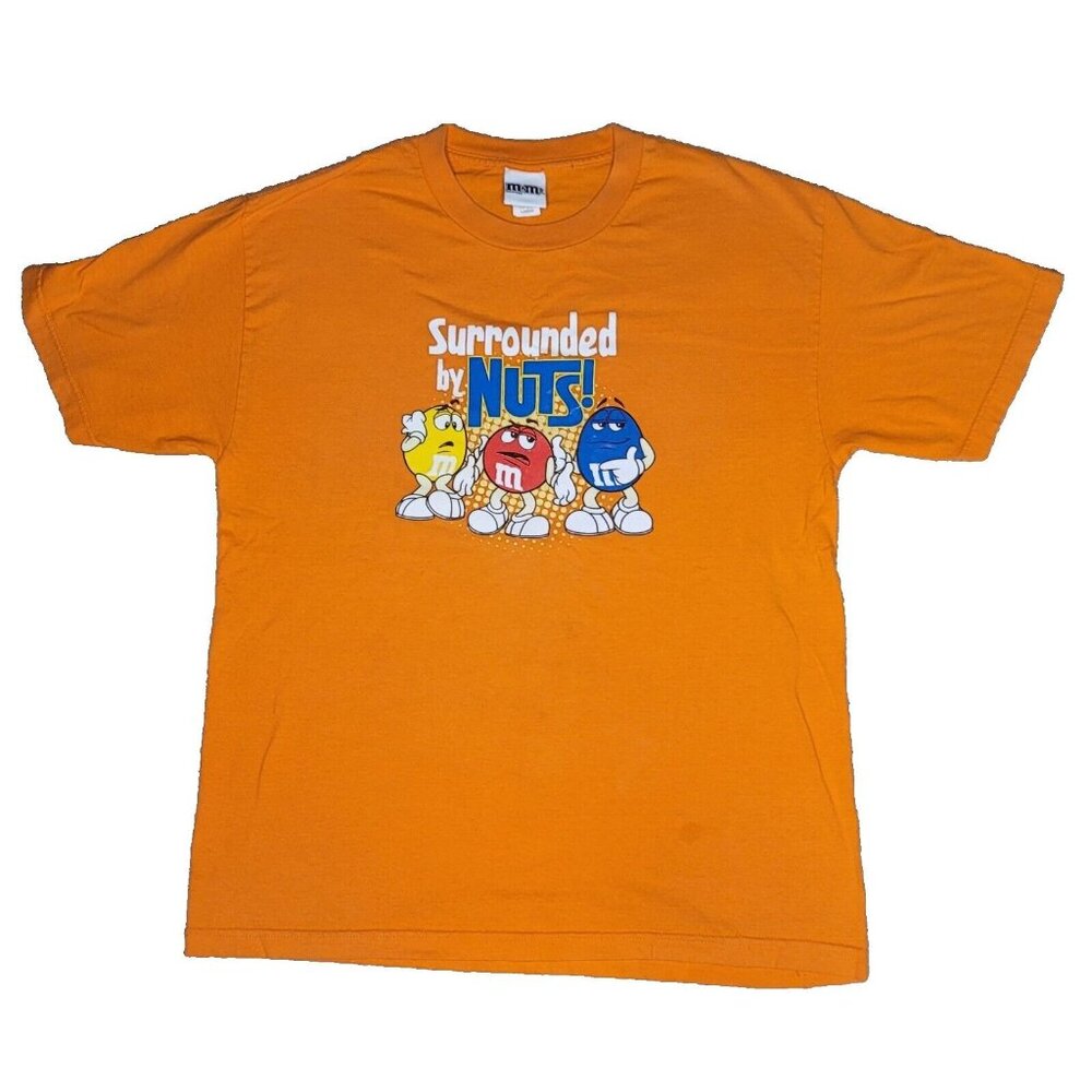 Vintage M&Ms Mens T Shirt Sz L Orange Promo Graphic "Surrounded By Nuts" Gift
